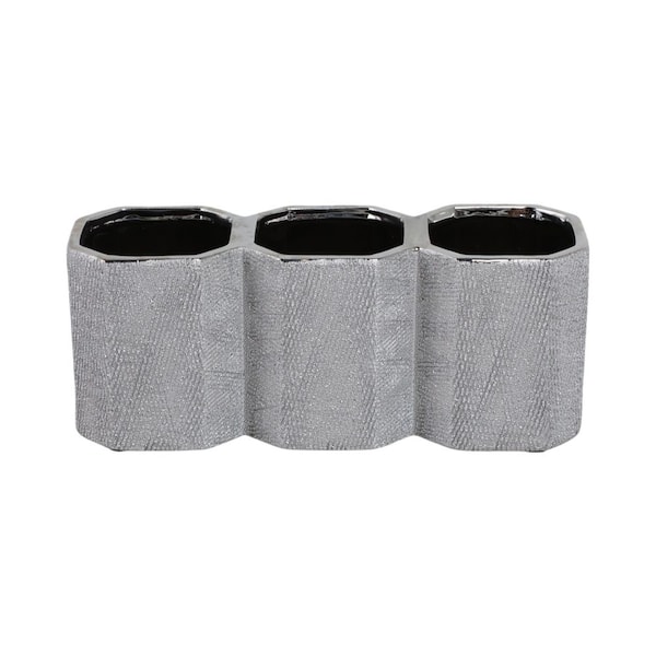 4 in. Silver Stoneware 3-Cup Desk Accessories with Textured Geometric Design