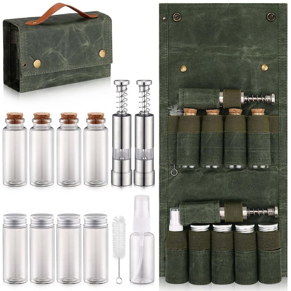 1.35 oz. Canvas Portable Spice Bag with 8 Jars, 2 Salt/Pepper Grinders, 1 Oil Spray, Condiment Container Set