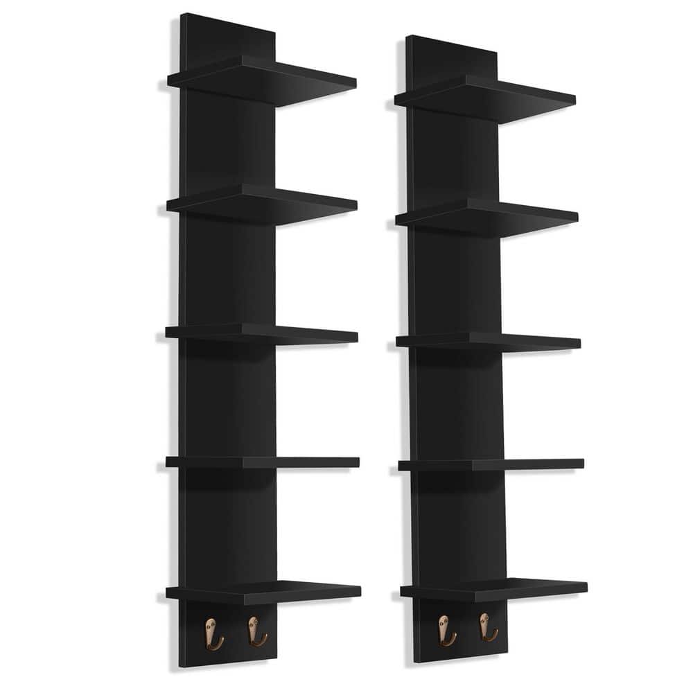 5-Tier Wall Shelf Unit with Hooks (Set- 2), 6 in. W x 5 in. D Black MDF Dec