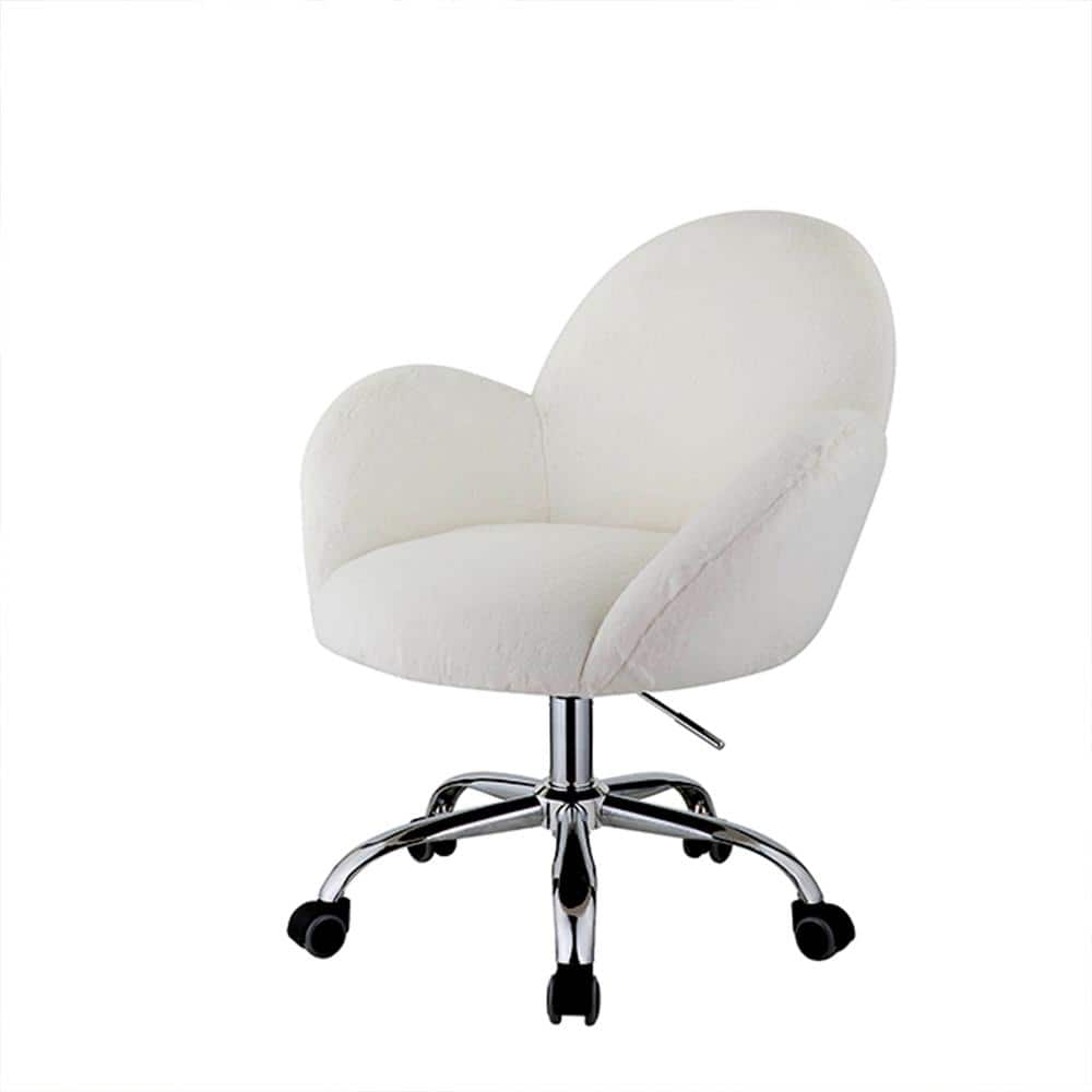 URTR White Polyester Faux Fur Desk Chair, Computer Chair, Task