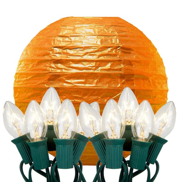 LUMABASE 10 in. 10-Light Orange Paper Lantern String Lights