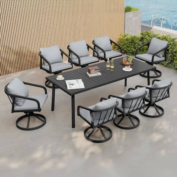Black 9-Piece Aluminum Outdoor Dining Set with Gray Cushions