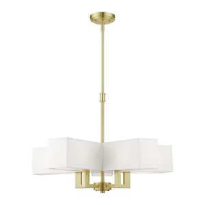 Rubix 5-Light Satin Brass Chandelier with Off-White Fabric Shades with White Fabric Inside