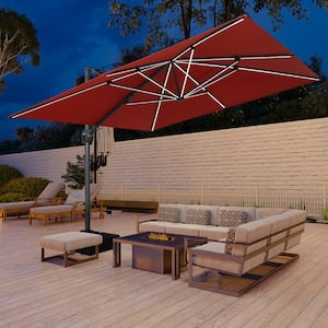 11 ft. Square Cantilever Hydraulic lifting Large Offset Outdoor Patio Umbrella with LED Light in Red with Stand