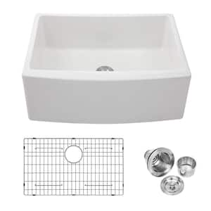 24 in. Farmhouse/Apron-Front Single Bowl White Ceramic Kitchen Sink with Accessories