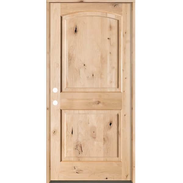 42 in. x 80 in. Rustic Knotty Alder 2-Panel Arch Top Right-Hand/Inswing Unfinished Wood Prehung Front Door