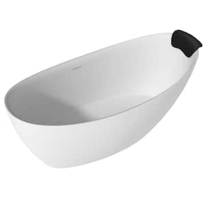 67 in. x 34 in. Solid Surface Stone Free Standing Tub Soaking Bathtub in Matte White with Black Bathtub Pillow