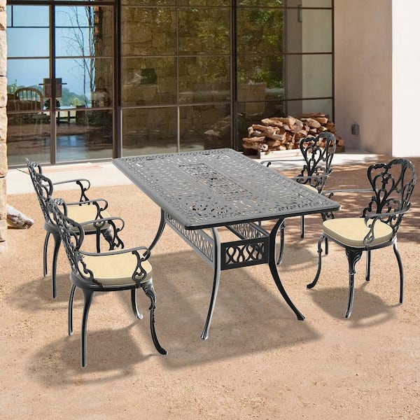 Willit Lily Black 5-Piece Cast Aluminum Outdoor Dining Set with Rectangle Table and Dining Chairs with Random Color Cushion