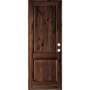 36 in. x 96 in. Rustic Knotty Alder Square Top V-Grooved Red Mahogany Stain Left-Hand Wood Single Prehung Front Door