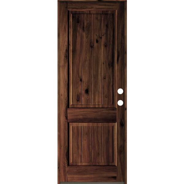 Krosswood Doors 36 in. x 96 in. Rustic Knotty Alder Square Top V-Grooved Red Mahogany Stain Left-Hand Wood Single Prehung Front Door