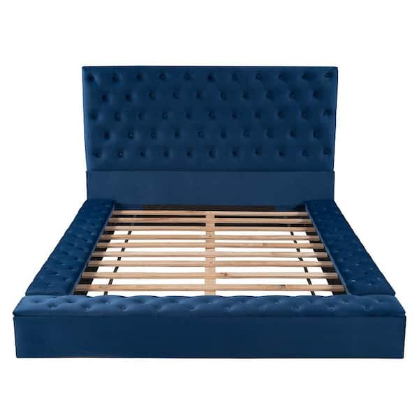 STICKON 92.1 in. W Blue Velvet Wood Frame Queen Platform Bed with Storage