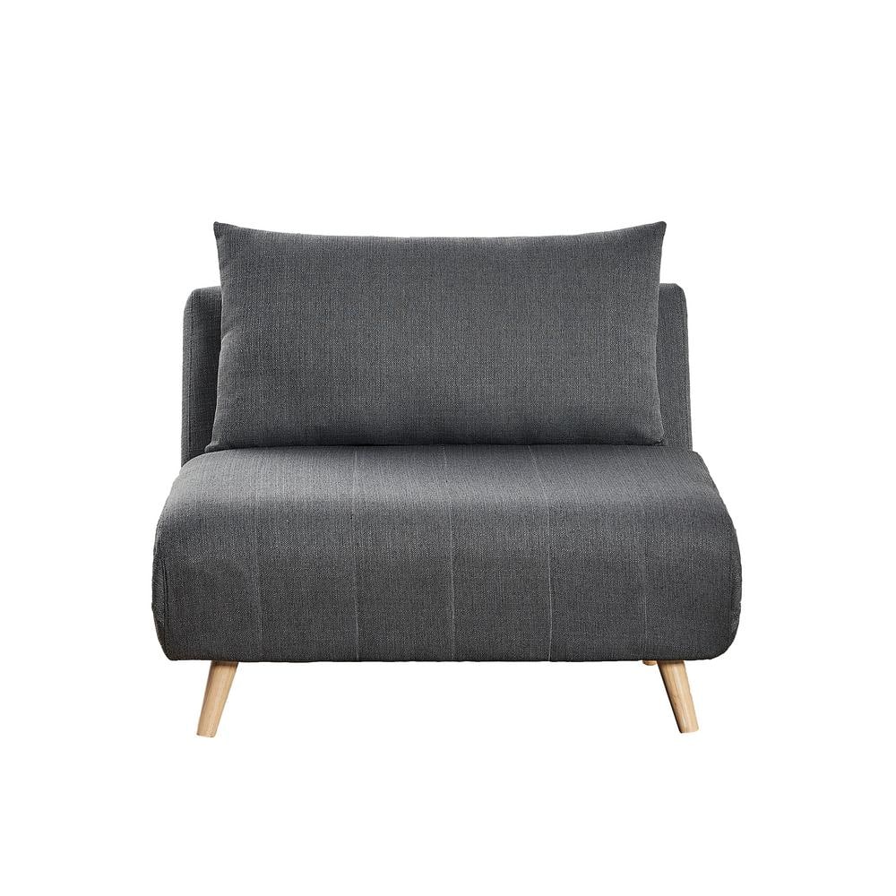 Front view of the dark gray fabric sleeper chair in its upright position.