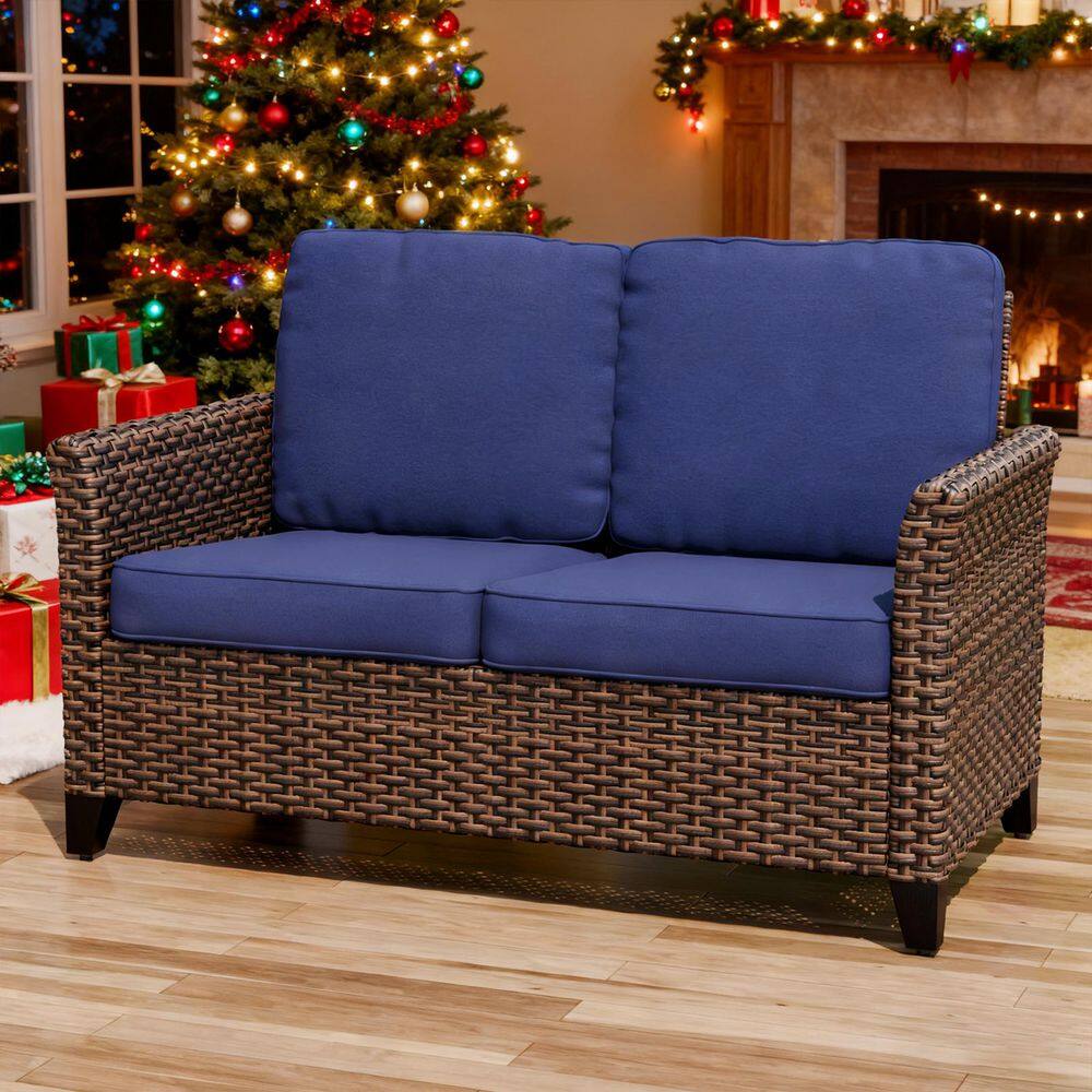 2-Color Brown Wicker Outdoor Patio Loveseat Sofa with Blue Cushions, Wide Armrest price history on PriceWatchPro