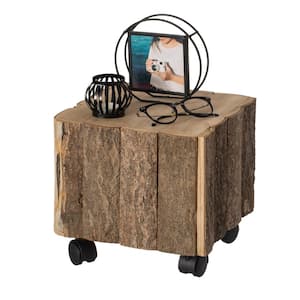 Accent Decorative Natural Wooden 10.75 Square Stump Stool, with Wheels for Indoor and Outdoor
