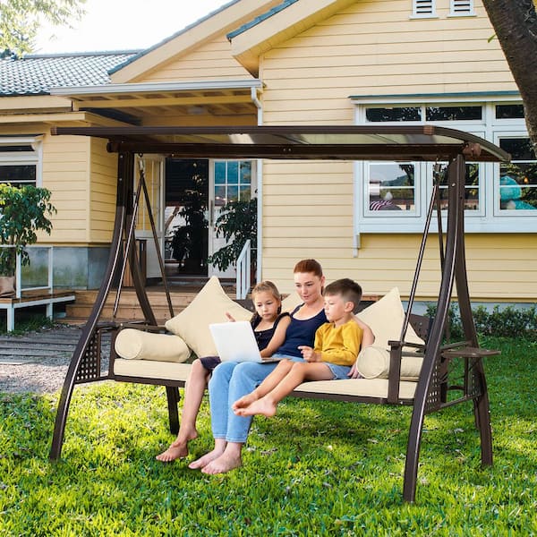 3-Seat Porch Swing With Canopy – Convertible Swing Bed For Patio, Backyard & Balcony (Grey)