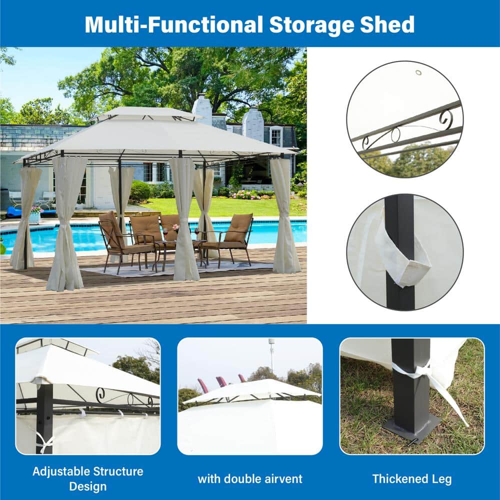 13x10 Beige Metal Patio Gazebo with Double Roof and Curtains