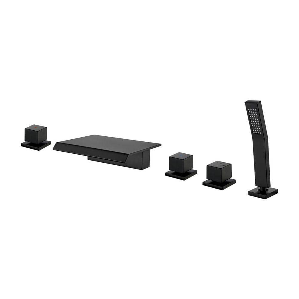 Single-Handle Tub Deck Mount Roman Tub Faucet with Hand Shower and Water Suply Hose in Black