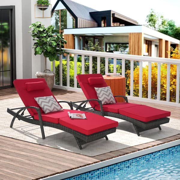 Unbranded 2-Pack Grey Wicker Rattan Patio Outdoor Lounge Reclining Chairs with Red Cushions and Armrests, Up to 150°, for Poolside