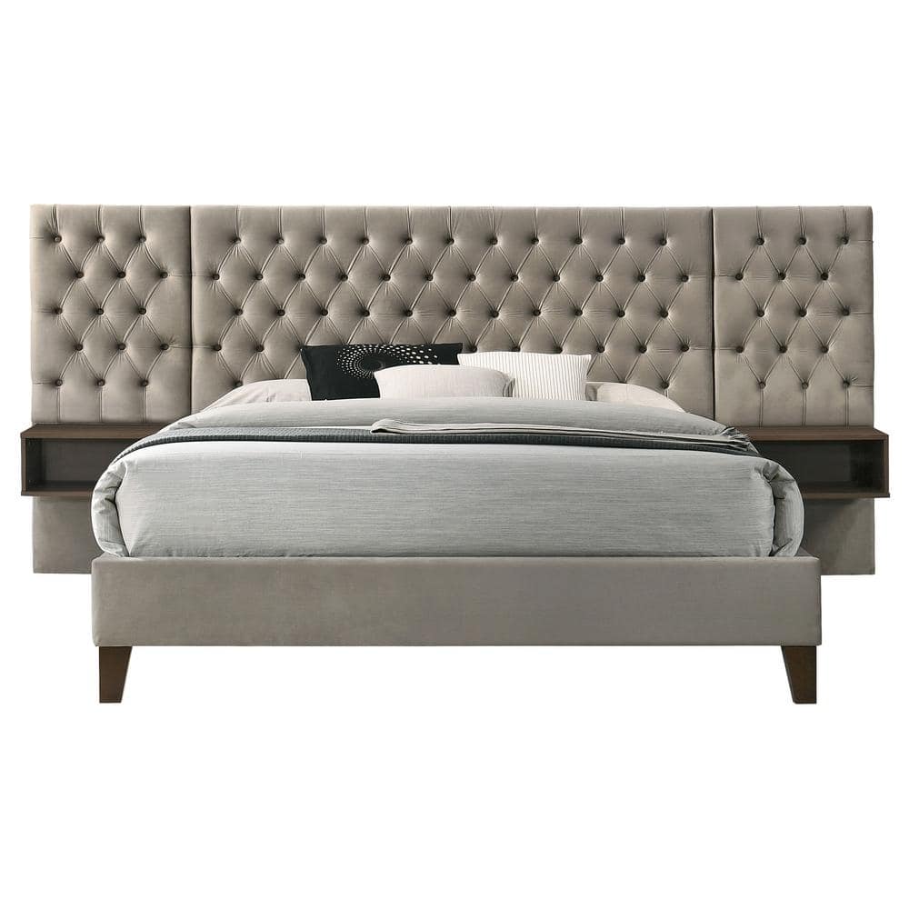 Light Brown Velvet Upholstered Queen Platform Bed with Tufted Headboard