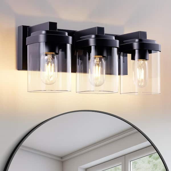 16 in. Modern 3-Light Black Vanity Light Over Mirror Bath Wall Lighting Fixtures with Clear Glass Shade