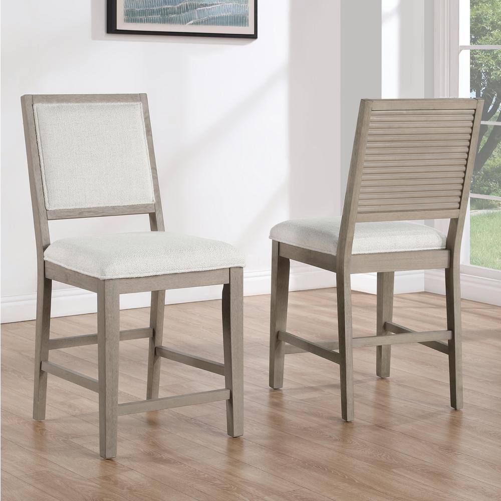 Greige Wood Upholstered Counter Bench with Eggshell Seat