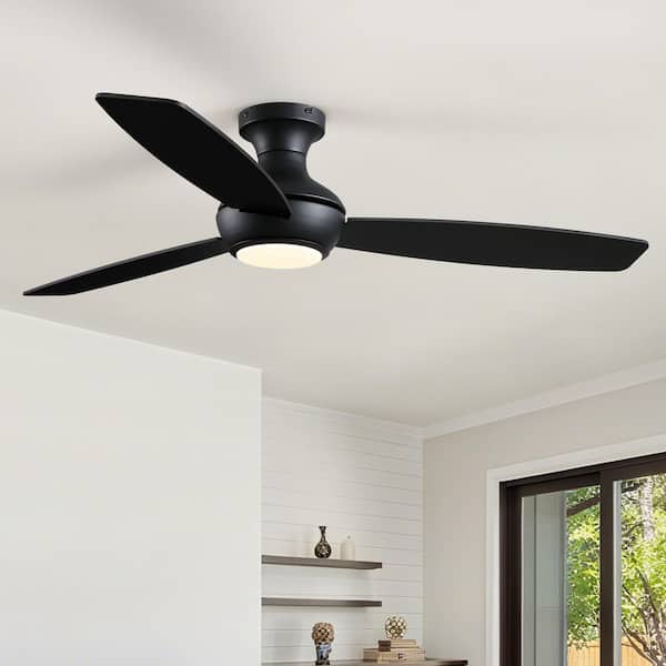 52 in. Smart Indoor Standard Flush Mount Black 3 Blades Ceiling Fans with Lights Kit and Remote Control