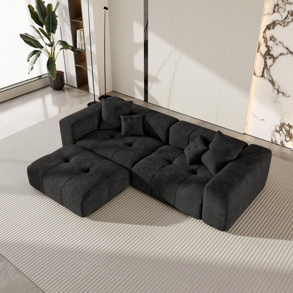Oversized 104.8 in. W Linen 3-Piece Modular Sectional Sofa Free Combination Living Room Set with Ottoman in Black
