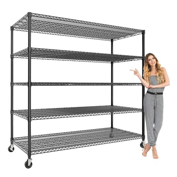 5-Tier Black Metal Storage Shelve Unit with Adjustable Shelf, Wheels, Wire Storage Rack for Kitchen Pantry Bedroom
