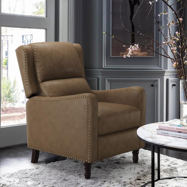 LUE BONA 26 in. Width Taupe Genuine Leather Living Room Chairs Recliner Armchair with Nailhead Trim