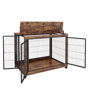 43.7 in. W Dog Crate Side Table on Wheels with Double Doors and Lift Top in Rustic Brown