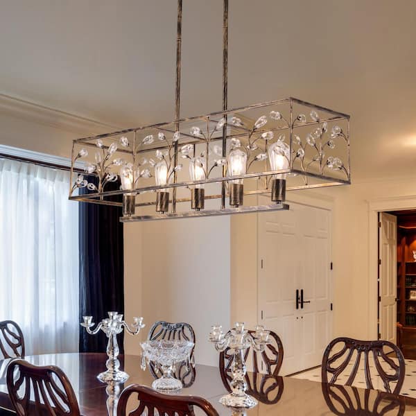 35.43 in. 5-Light Vintage Antique Bronze Rectangle Crystal Chandelier for Dining Room