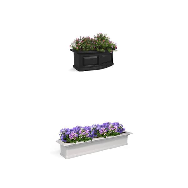 Yorkshire 60 in. x 12 in. White Vinyl and Nantucket 24 in. x 11.5 in. Black Polyethylene Self-Watering Window Box Combo
