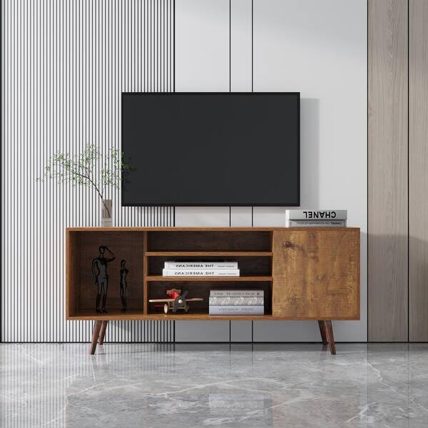 Welwick Designs 58 in. Caramel Solid Wood TV Stand Fits TVs Up to 65 in. with Cutout Cabinet Handles