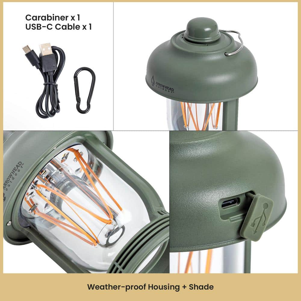 Army Green 6-Inch LED Camping Lantern with USB-C Charging