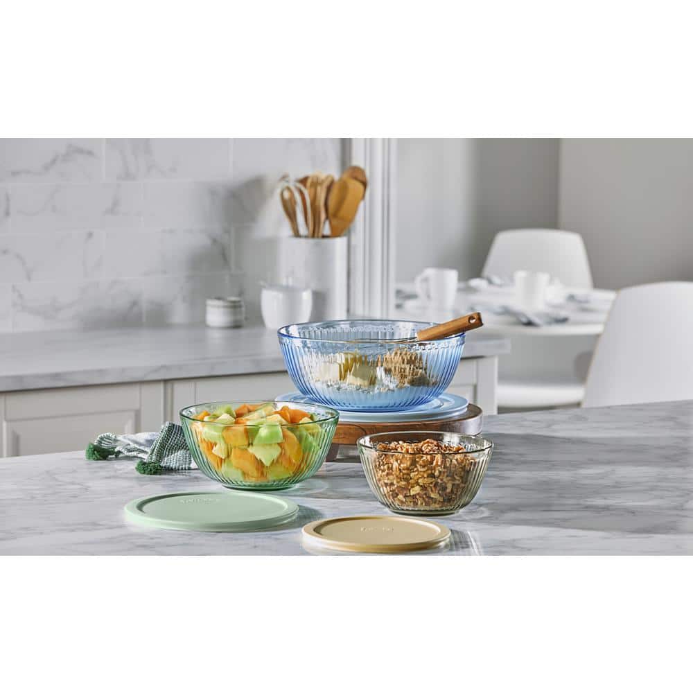 Tinted Glass Ridged Mixing Bowl Set with Lids, 6-Piece