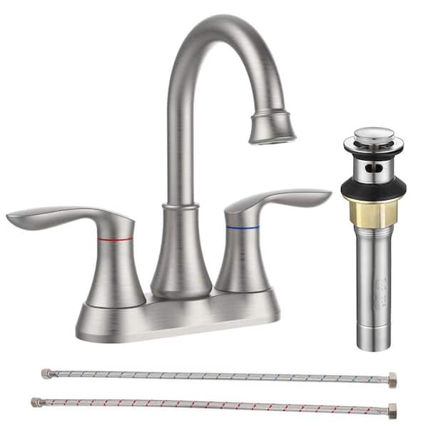 UPIKER Modern 4 in. Centerset Double Handle High Arc Bathroom Faucet with Drain Kit Included in Brushed Nickel