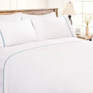 4-Piece Ribbon Embroidered Blue Microfiber Bedsheets Set Queen