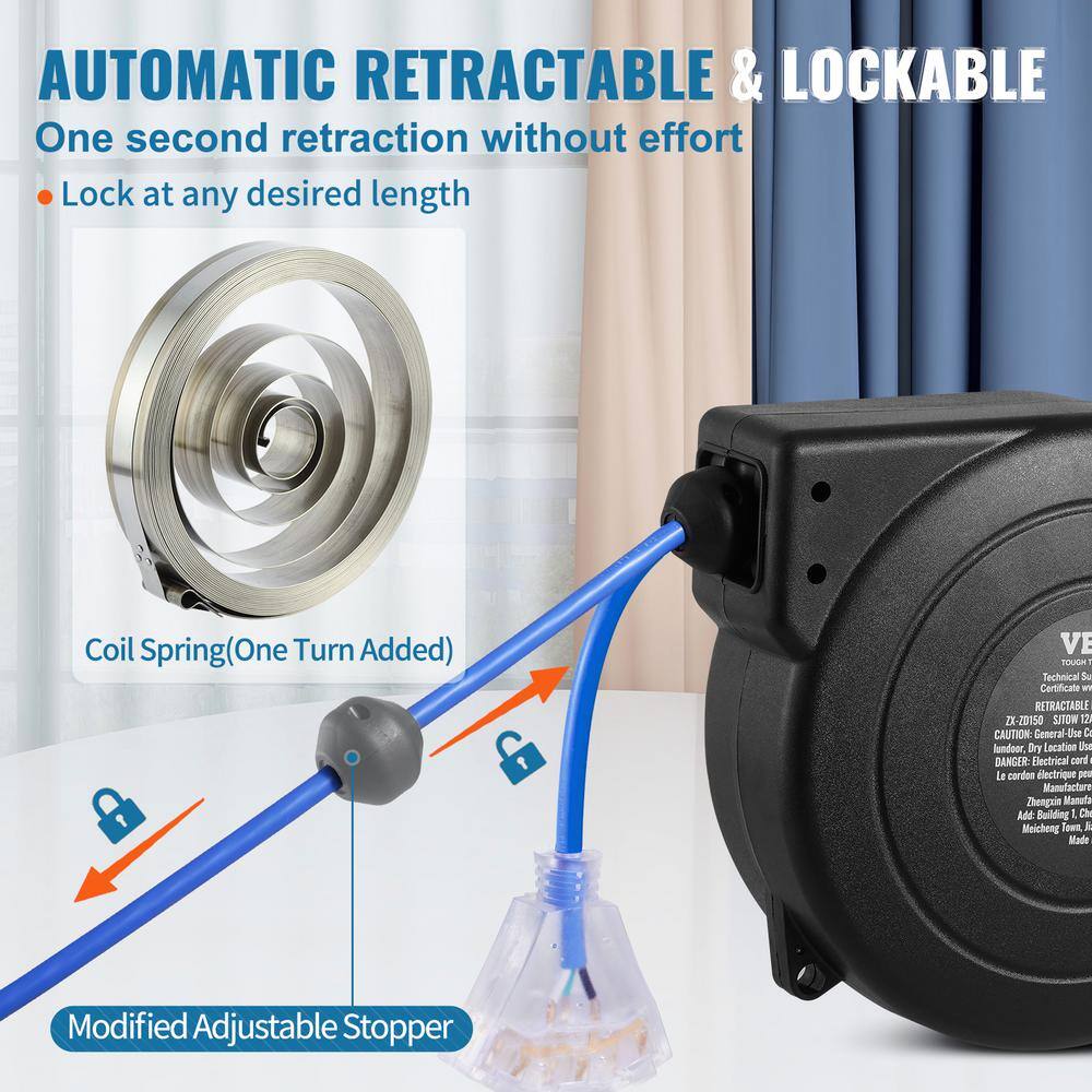 Heavy Duty Blue and Black Retractable Extension Cord Reel 45FT