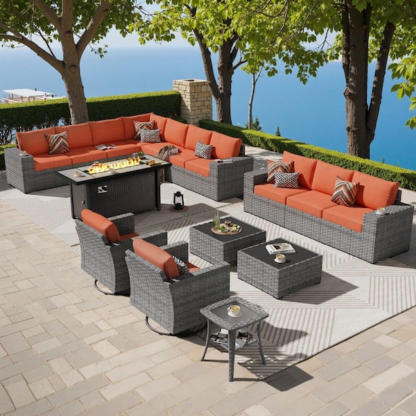 Bissty Gray 16-Piece Wicker Wide Arm Patio 54 in. Rectangle Fire Pit Conversation Set with Orange Red Cushions