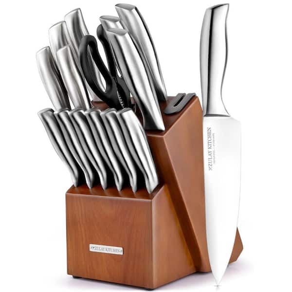 15-Piece Stainless Steel Kitchen Knife Set with Block and Built-In Sharpener