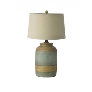 28 in. Weathered Green Casual, Farmhouse Bedside Table Lamp for Living Room, Bedroom with Beige Linen Shade