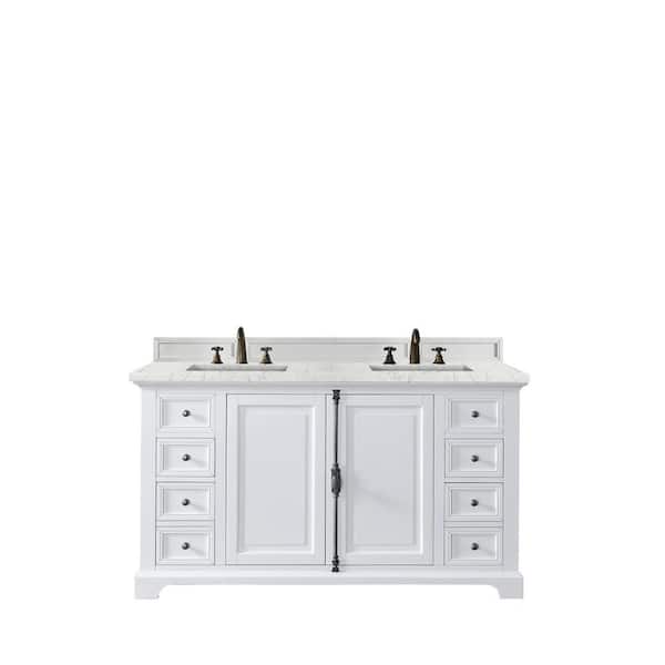 James Martin Vanities Providence 60 in. W x 23.5 in.D x 34.3 in.H Double Vanity in Bright White with Quartz Top in Eternal Jasmine Pearl