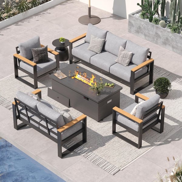 5-Piece Aluminum Patio Conversation Set with 51 in. Fire Pit Table and 7-Seat with Grey Cushions