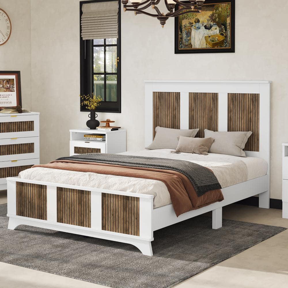 Farmhouse White Wood Frame Full Size Platform Bed with Wooden Strip Decoration, Extra Support Legs price history on PriceWatchPro