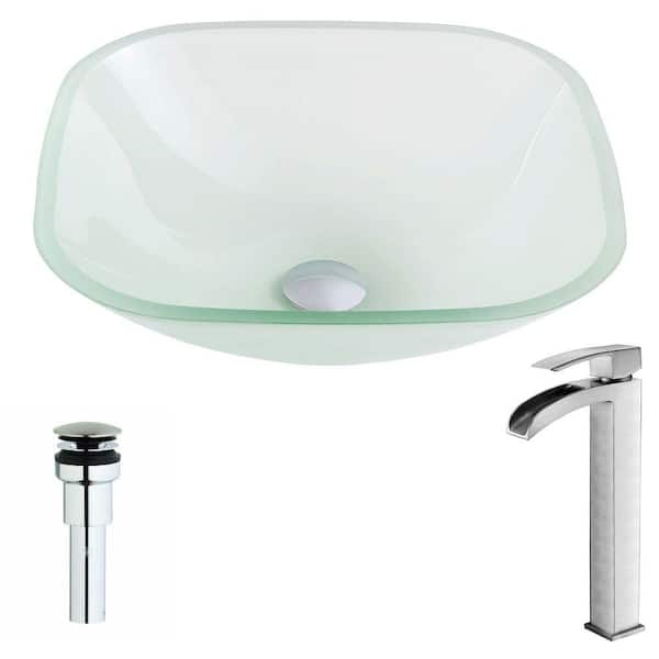 ANZZI Vista Series Deco-Glass Vessel Sink in Lustrous Frosted with Key Faucet in Brushed Nickel