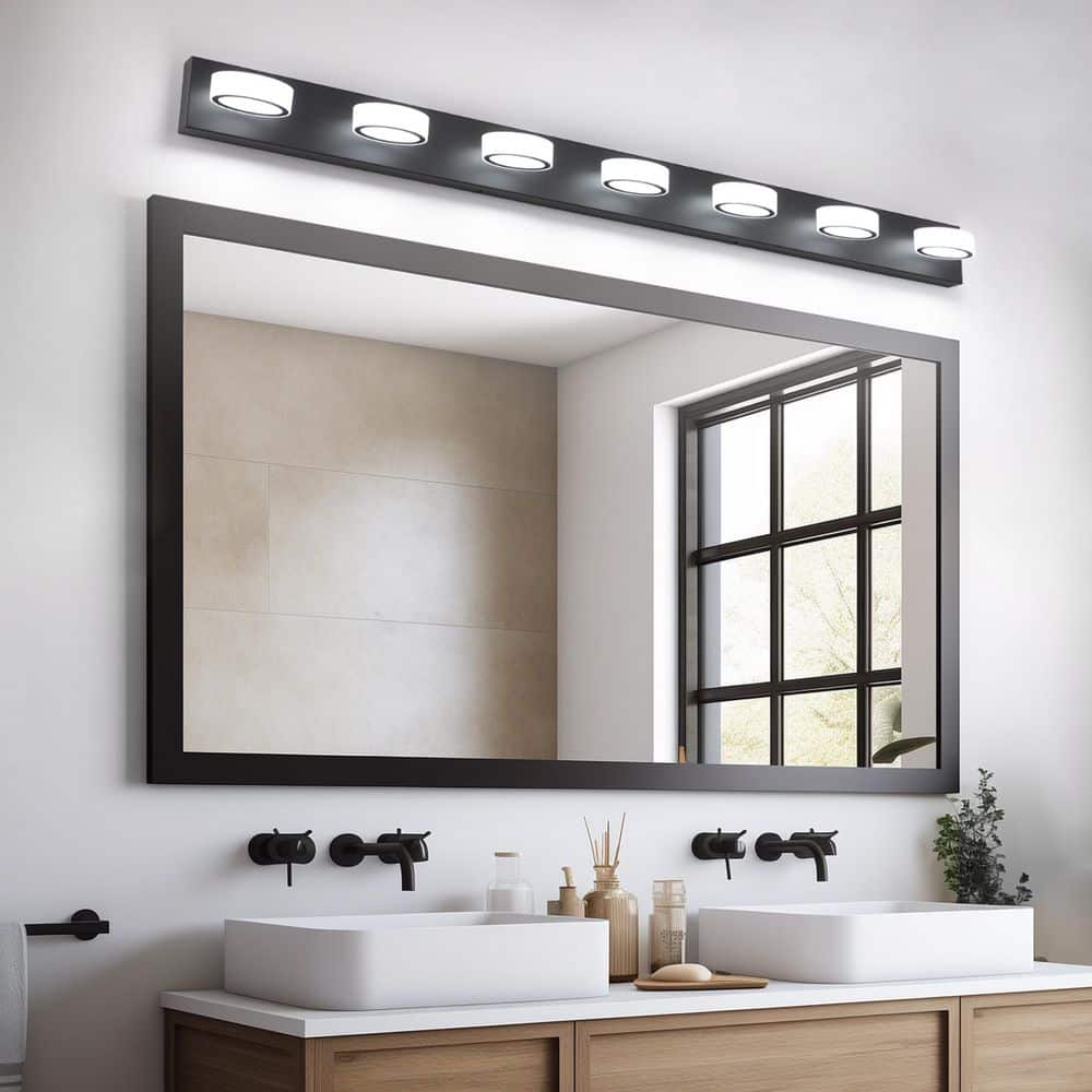 JUSHENG 58 in. 7 Light Black LED Vanity Light with 270° Rotatable