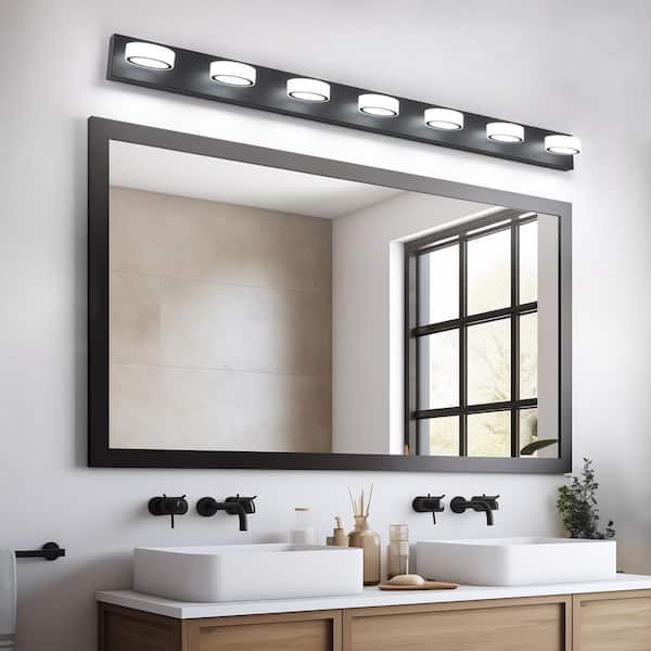 58 in. 7 Light Black LED Vanity Light with 270° Rotatable Lamphead Dimmable 5500K Light