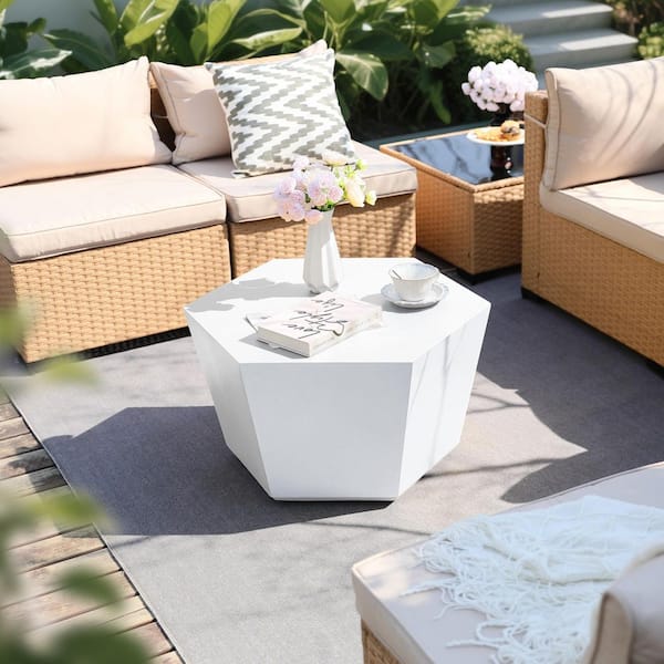 28 in. Pure White Hexagon Magnesium Oxide Concrete Outdoor Patio Coffee Table