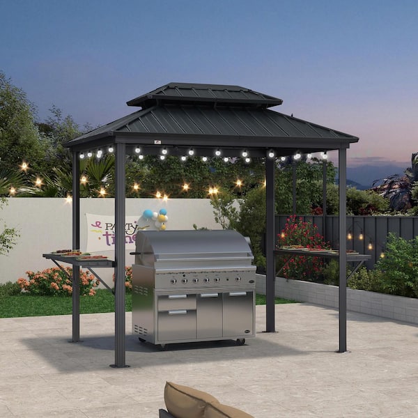 6 ft. x 8 ft. Hardtop Grill Gazebo for Patio Aluminum Barbecue Shelter Gazebo, Hooks,Shelves Double Tiered 24-Lights