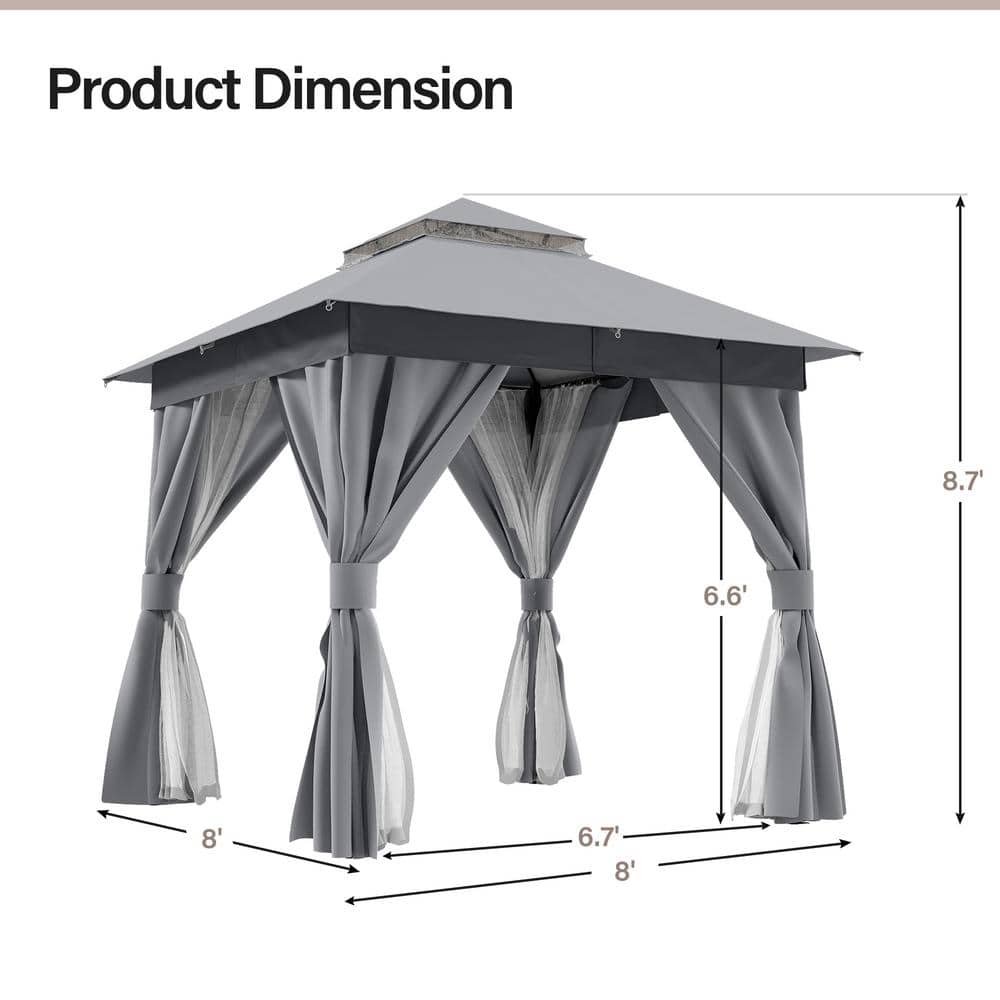 Gray Steel 8x8 Patio Gazebo with Curtains